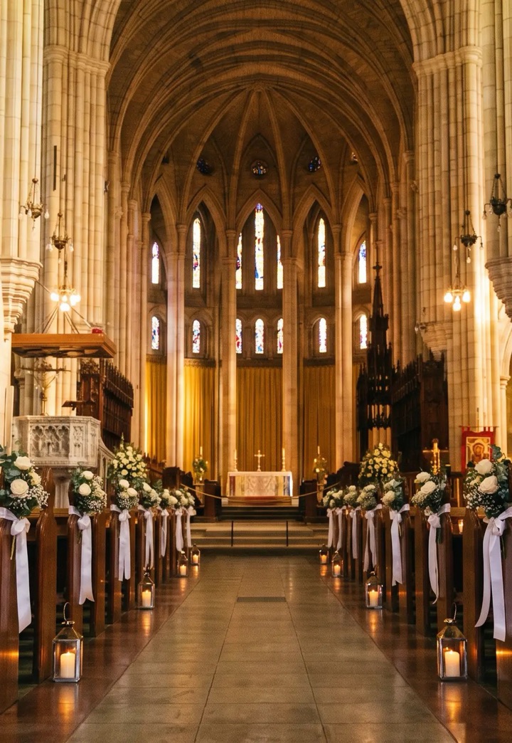 A sandstone cathedral dressed for a wedding ceremony