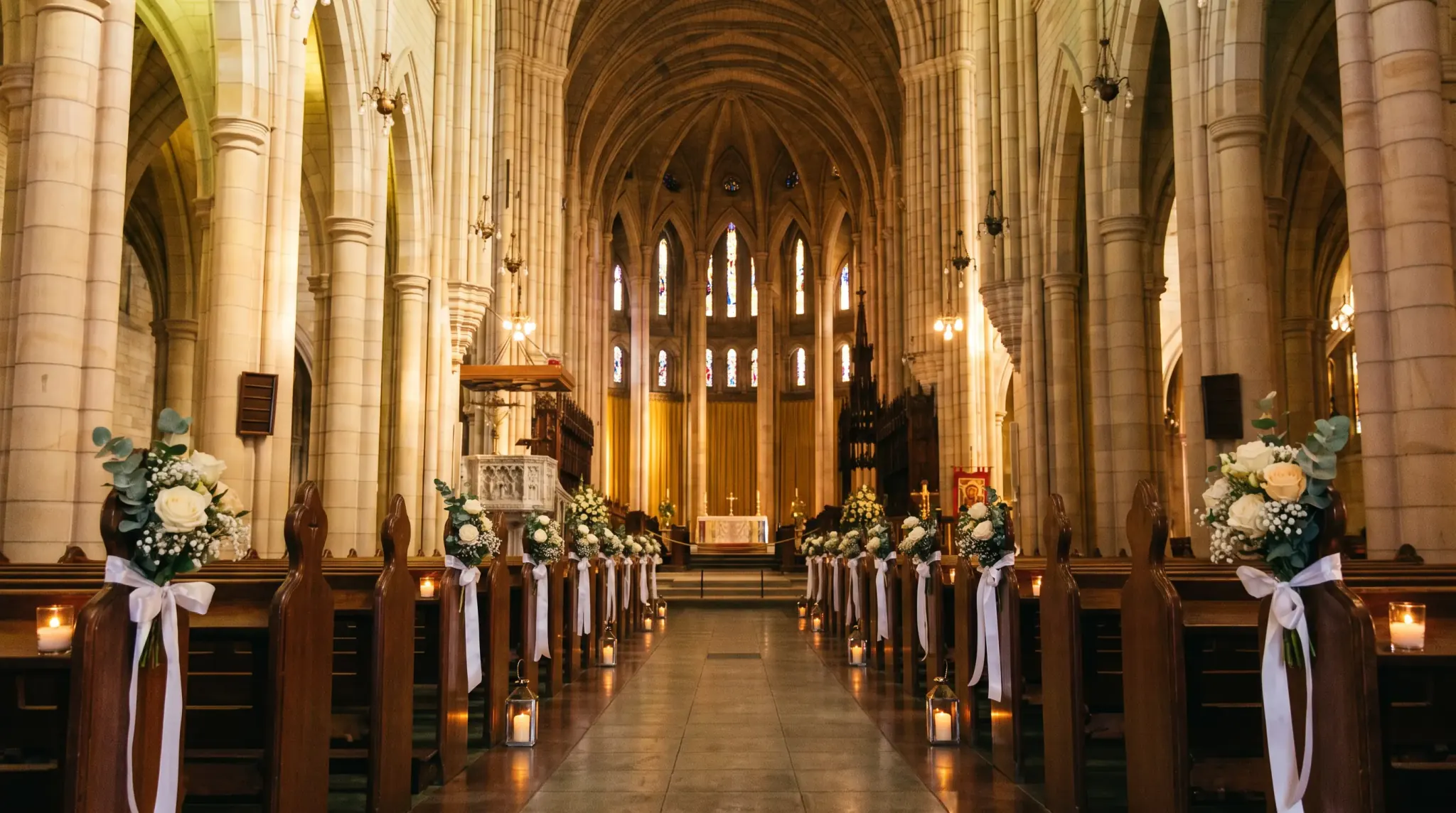 Mid-walk down the cathedral's central aisle, dressed seating either side, stained glass glowing ahead
