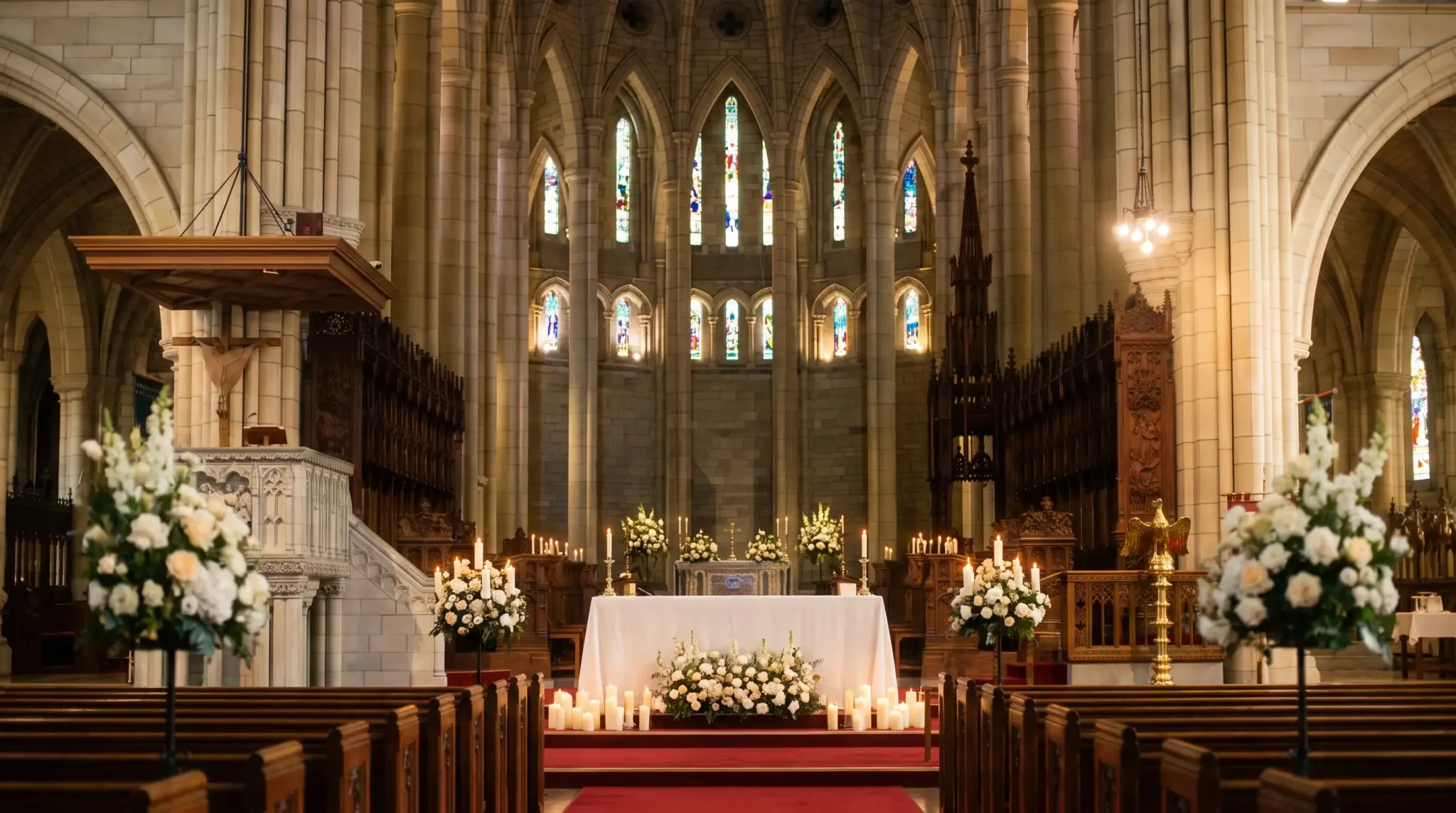 A seated guest's view a few rows back, the altar ahead framed by pointed arches