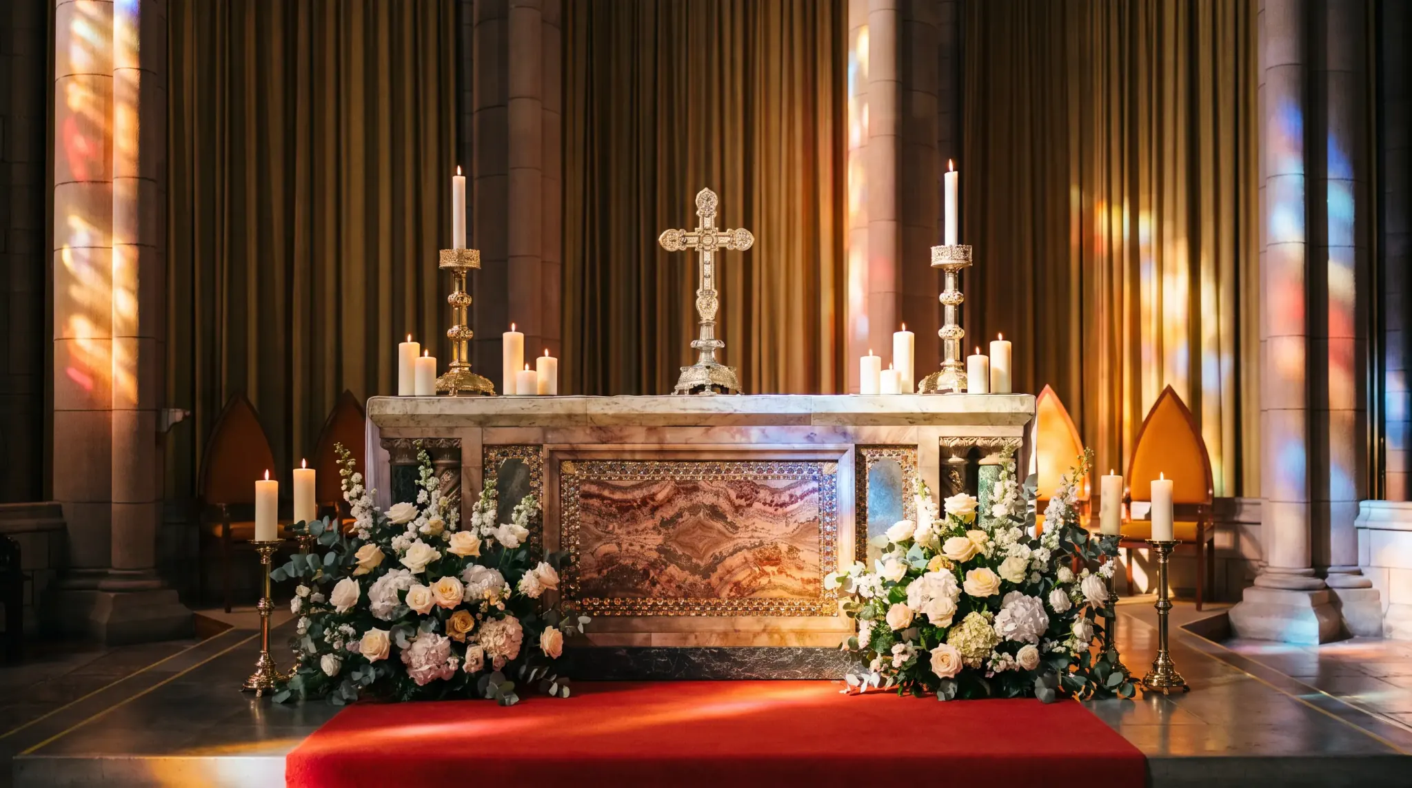 The high altar close up, candlelight on carved stone