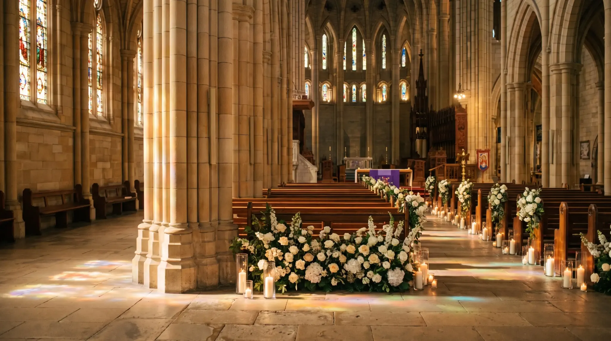 Walking the side aisle behind the columns, coloured light across the stone floor