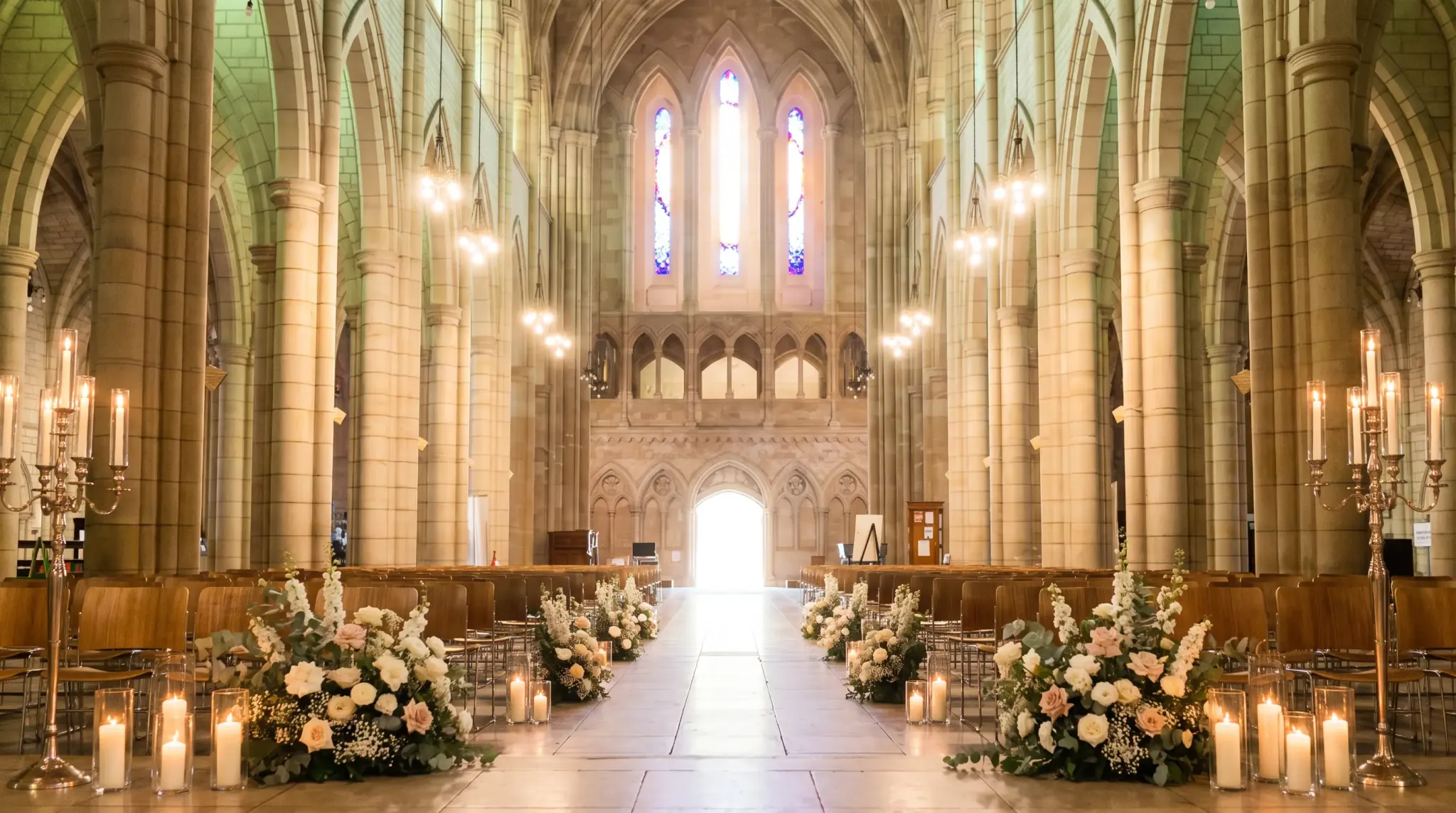 Facing the open west doors, afternoon daylight flooding the far end of the aisle